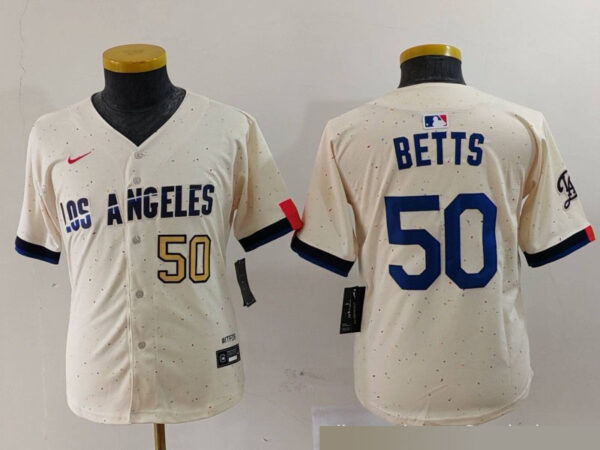Youth Los Angeles Dodgers #50 Mookie Betts Cream 2024 City Connect Limited Stitched Baseball Jerseys