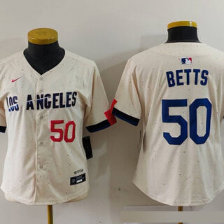 Women's Los Angeles Dodgers #50 Mookie Betts Cream Stitched Jersey(Run Small)