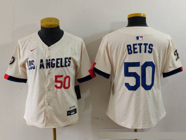 Women's Los Angeles Dodgers #50 Mookie Betts Cream Stitched Jersey(Run Small)