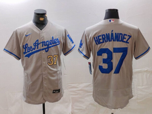 Men's Los Angeles Dodgers #37 Teoscar Hernandez Grey Flex Base Stitched Baseball Jerseys