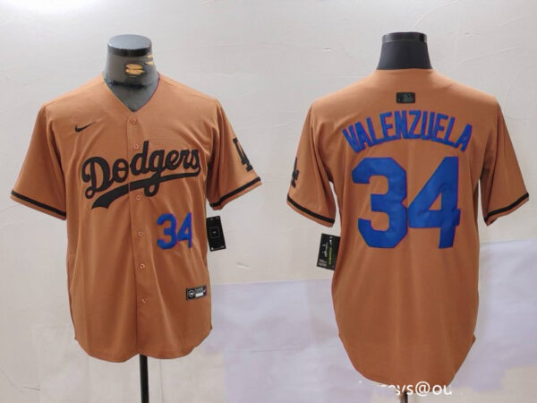 Men's Los Angeles Dodgers #34 Fernando Valenzuela Brown Cool Base Stitched Baseball Jersey