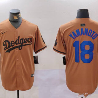 Men's Los Angeles Dodgers #18 Yoshinobu Yamamoto Brown Cool Base Stitched Baseball Jerseys