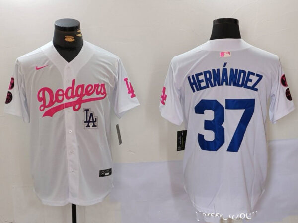 Men's Los Angeles Dodgers #37 Teoscar Hernandez White Pink Vin & Kobe Patch Stitched Baseball Jerseys
