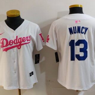 Women's Los Angeles Dodgers #13 Max Muncy White Pink Vin & Kobe Patch Stitched Baseball Jersey(Run Small)