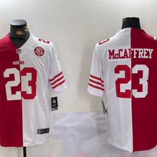 Men's San Francisco 49ers #23 Christian McCaffrey Red & White Split Limited Stitched Jerseys