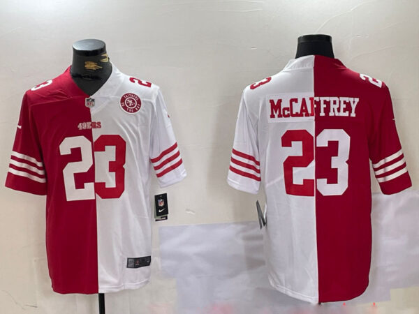 Men's San Francisco 49ers #23 Christian McCaffrey Red & White Split Limited Stitched Jerseys