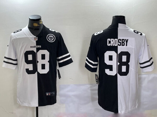 Men's Las Vegas Raiders #98 Maxx Crosby Black & White Split With 65th Anniversary Patch Vapor Limited Stitched Jerseys