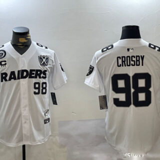 Men's Las Vegas Raiders #98 Maxx Crosby White With Nevada Silver Stat Patch And 65th Anniversary Patch 3-Star C Patch Stitched Baseball Jerseys