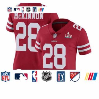 49ers #28 Jerick McKinnon Red Team Color Super Bowl LIV Bound Women's Stitched Football Vapor Untouchable Limited Jersey