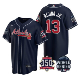 Atlanta Braves #13 Ronald Acuna Jr 2021 Navy World Series Champions With 150th Anniversary Patch Cool Base Stitched Jersey(Run Small)