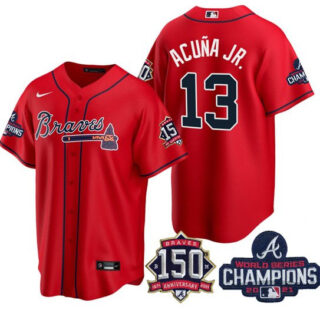 Atlanta Braves #13 Ronald Acuna Jr 2021 Red World Series Champions With 150th Anniversary Patch Cool Base Stitched Jersey(Run Small)
