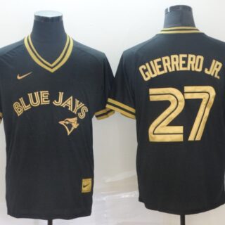 Blue Jays 27 Vladimir Guerrero Jr. Black Gold Nike Cooperstown Collection Legend V Neck Jersey