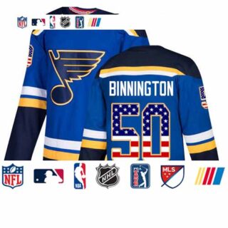 Blues #50 Jordan Binnington Blue Home Authentic USA Flag Stitched Youth Hockey Jersey