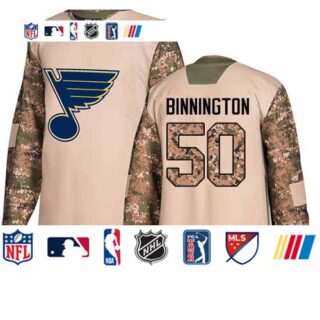Blues #50 Jordan Binnington Camo Authentic 2017 Veterans Day Stitched Youth Hockey Jersey