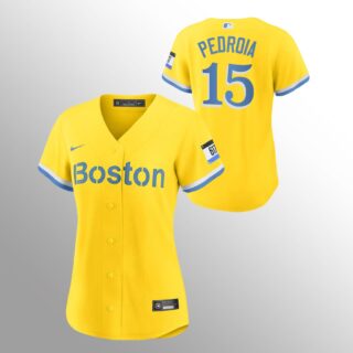 Boston Red Sox #15 Dustin Pedroia Women's Nike 2021 City Connect Gold Fans Version MLB Jersey