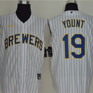 Brewers 19 Robin Yount White Gold Nike Cool Base Sleeveless Jersey
