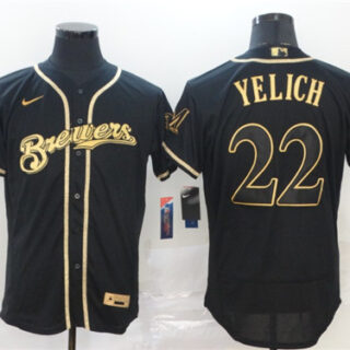 Brewers 22 Christian Yelich Black Gold Nike 2020 Flexbase Jersey