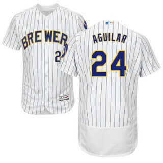 Brewers #24 Jesus Aguilar White Strip Flexbase Authentic Collection Stitched Baseball Jersey