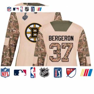Bruins #37 Patrice Bergeron Camo Authentic 2017 Veterans Day Stanley Cup Final Bound Women's Stitched Hockey Jersey