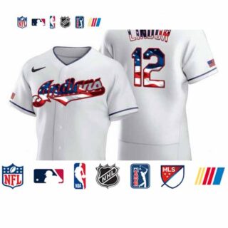 Cleveland Indians #12 Francisco Lindor Men's Nike White Fluttering USA Flag Limited Edition Authentic MLB Jersey