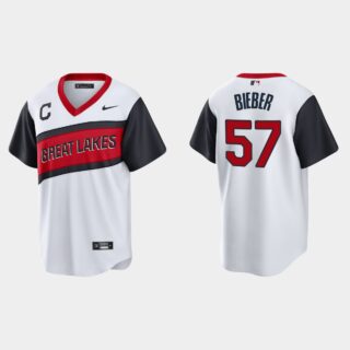 Cleveland Indians #57 Shane Bieber Men's Nike White 2021 Little League Class Game MLB Jersey