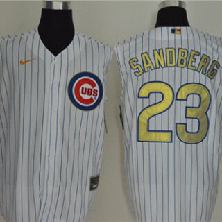Cubs 23 Ryne Sandberg White Gold Nike Cool Base Sleeveless Jersey