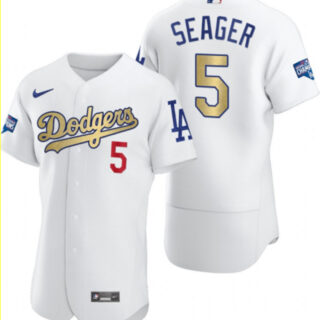 Dodgers 5 Corey Seager White Gold Nike 2020 World Series Champions Flexbase Jersey