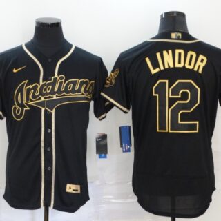Indians 12 Francisco Lindor Black Gold 2020 Nike Flexbase Jersey