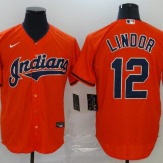 Indians 12 Francisco Lindor Orange 2020 Nike Cool Base Jersey