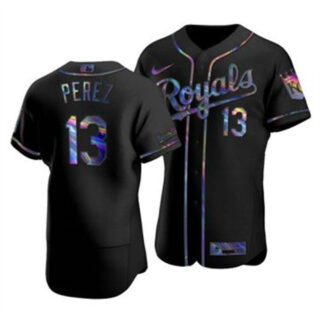 Kansas City Royals #13 Salvador Perez Men's Nike Iridescent Holographic Collection MLB Jersey - Black