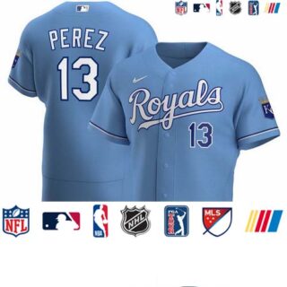Kansas City Royals #13 Salvador Perez Men's Nike Light Blue Alternate 2020 Authentic Player MLB Jersey