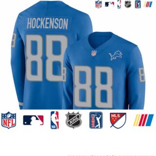 Lions #88 T.J. Hockenson Blue Team Color Youth Stitched Football Limited Therma Long Sleeve Jersey