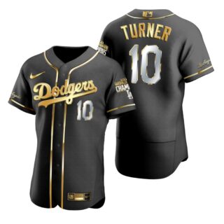 Los Angeles Dodgers #10 Justin Turner Black 2020 World Series Champions Gold Edition Jersey