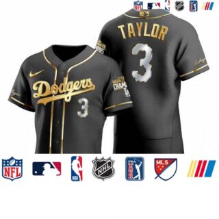 Los Angeles Dodgers #3 Chris Taylor Black 2020 World Series Champions Gold Edition Jersey