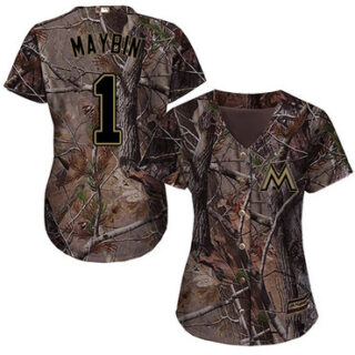 Marlins #1 Cameron Maybin Camo Realtree Collection Cool Base Women's Stitched Baseball Jersey