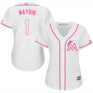 Marlins #1 Cameron Maybin White Pink Fashion Women's Stitched Baseball Jersey