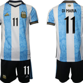 Men's Argentina #11 Di Maria White Blue Home Soccer Jersey Suit