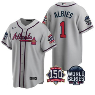 Men's Atlanta Braves #1 Ozzie Albies 2021 Gray World Series With 150th Anniversary Patch Cool Base Stitched Jersey