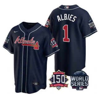 Men's Atlanta Braves #1 Ozzie Albies 2021 Navy World Series With 150th Anniversary Patch Cool Base Stitched Jersey
