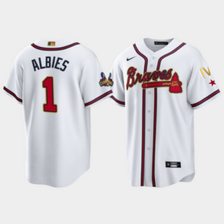 Men's Atlanta Braves #1 Ozzie Albies 2022 White Gold World Series Champions Program Cool Base Stitched Baseball Jersey