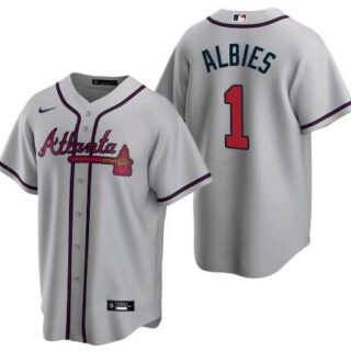 Men's Atlanta Braves #1 Ozzie Albies Grey Cool Base Stitched Jersey