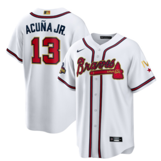 Men's Atlanta Braves #13 Ronald Acuña Jr. 2022 White Gold World Series Champions Program Cool Base Stitched Baseball Jersey