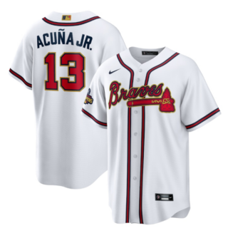 Men's Atlanta Braves #13 Ronald Acuña Jr. 2022 White Gold World Series Champions Program Cool Base Stitched Baseball Jersey