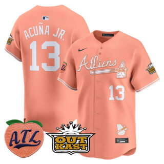 Men's Atlanta Braves #13 Ronald Acuña Jr. Peach 2024 Atliens & Peach With Outkast Patch Vapor Limited Stitched Baseball Jersey
