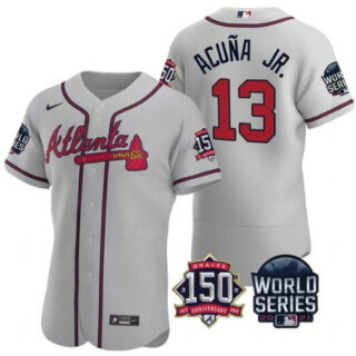 Men's Atlanta Braves #13 Ronald Acuna Jr. 2021 Grey World Series With 150th Anniversary Patch Stitched Baseball Jersey