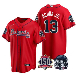 Men's Atlanta Braves #13 Ronald Acuna Jr. 2021 Red World Series With 150th Anniversary Patch Cool Base Stitched Jersey