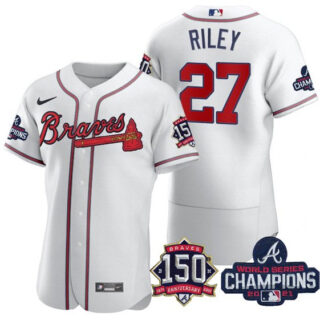 Men's Atlanta Braves #27 Austin Riley 2021 White World Series Champions With 150th Anniversary Flex Base Stitched Jersey