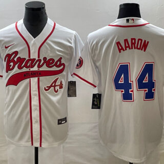 Men's Atlanta Braves #44 Hank Aaron White Cool Base With Patch Stitched Baseball Jersey