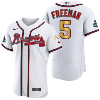 Men's Atlanta Braves #5 Freddie Freeman White Gold World Series Champions Flex Base Stitched Jersey