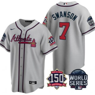 Men's Atlanta Braves #7 Dansby Swanson 2021 Gray World Series With 150th Anniversary Patch Cool Base Stitched Jersey